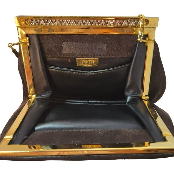Lisette New York Vintage 60s Crossbody Bag Brown Suede with Rhinestone Clasp - Picture 9 of 12